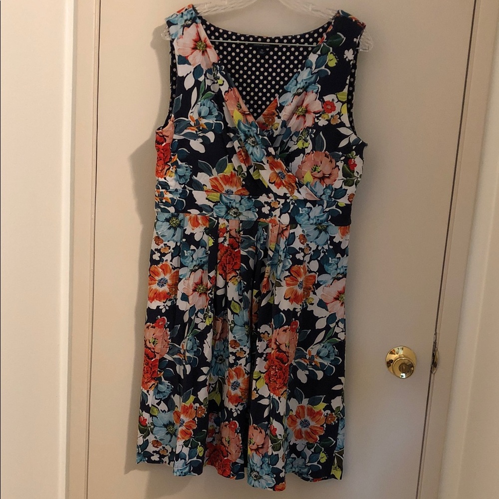 Lands' End Navy Floral V-Neck Sleeveless Midi Dress